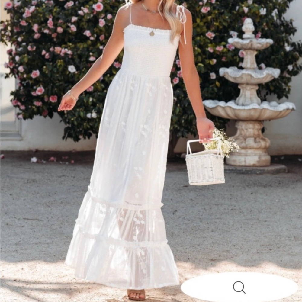 VICI CEREMONY SMOCKED EMBROIDERED LACE MAXI DRESS